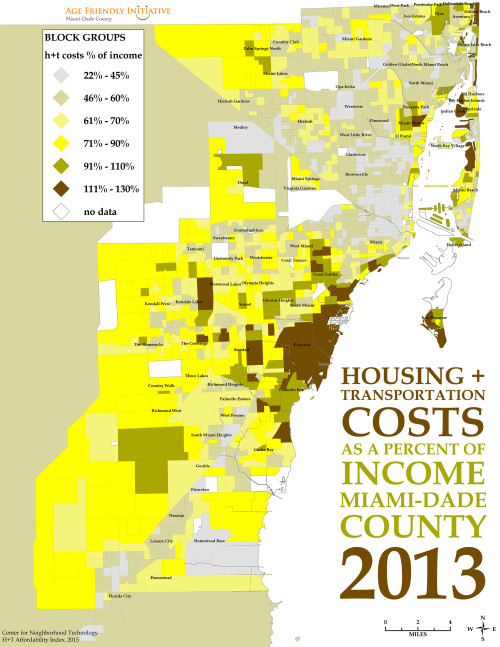 A map of housing and transportation costs in the miami-dade county.
