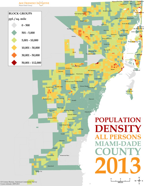 A map of the miami-dade county population density.