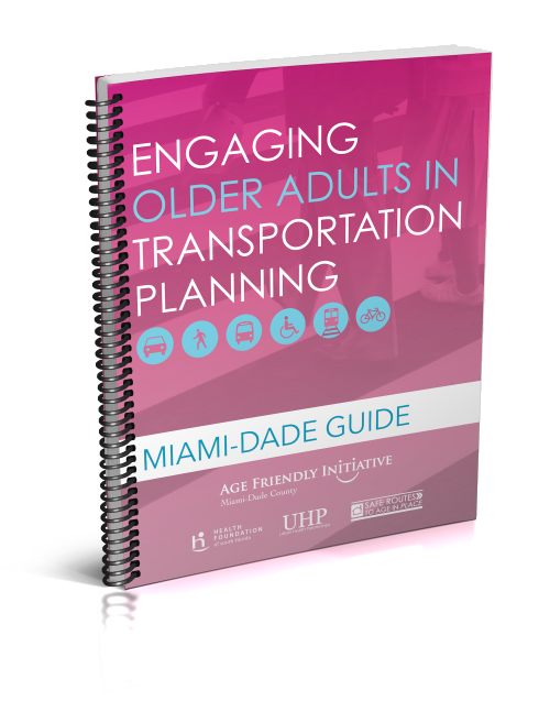 A pink book with the title of engaging older adults in transportation planning.